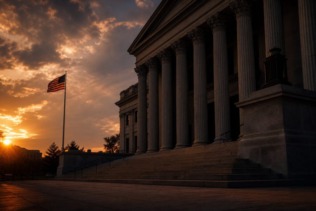 Federal courthouse at dusk - wrongful conviction verdict