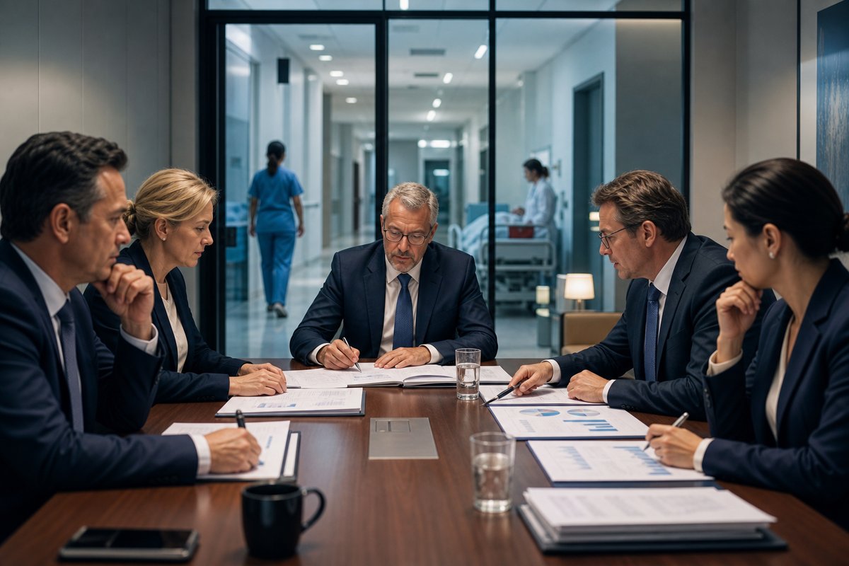 Corporate boardroom with hospital corridor visible