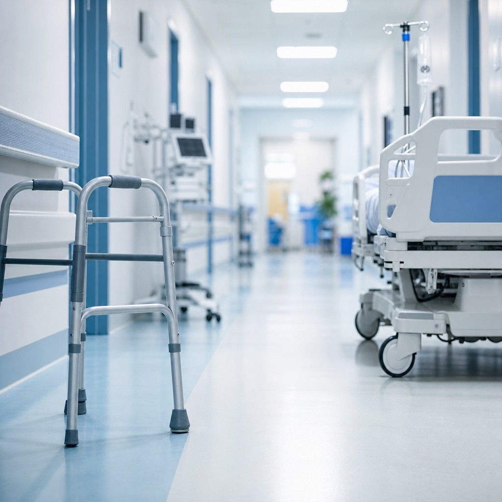Hospital corridor with walker - hip fracture prevention in healthcare facilities