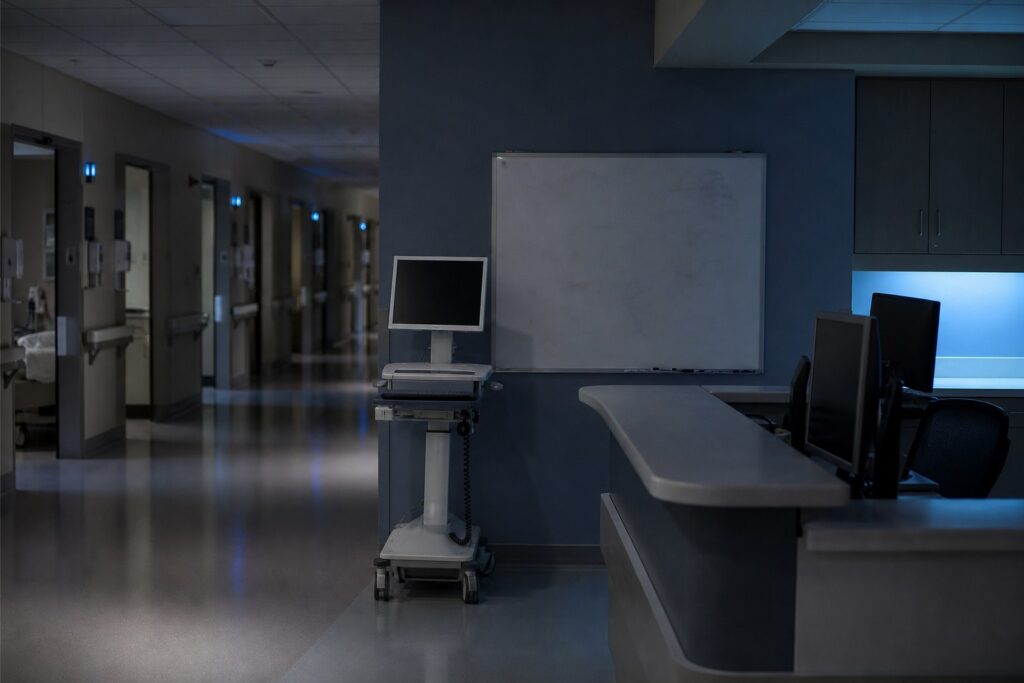 Empty hospital nursing station and darkened patient corridor at night, illustrating unsafe staffing and institutional negligence claims