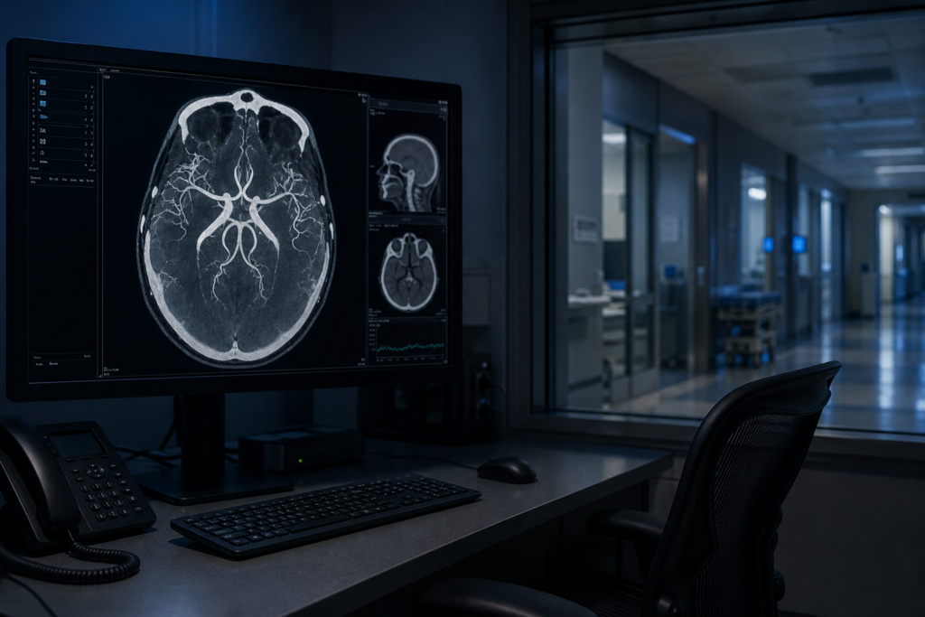 Empty hospital radiology reading room at night with a brain CT angiogram on the monitor