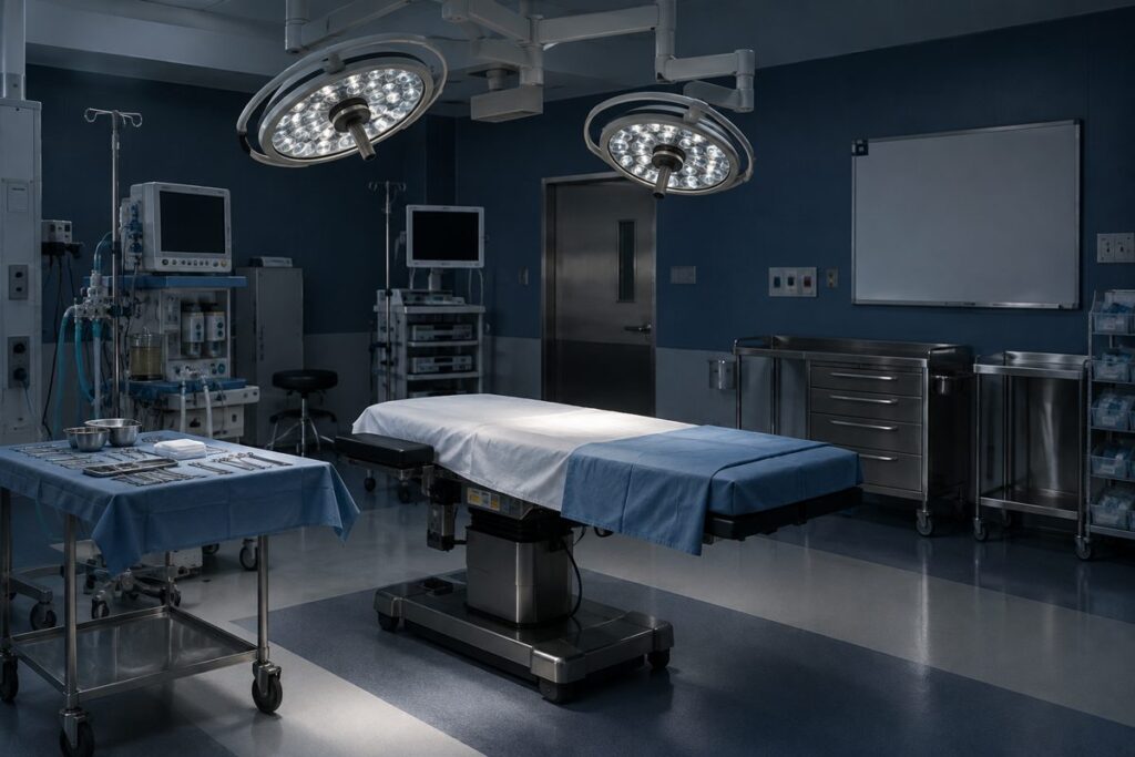 Empty hospital operating room between cases with surgical lights dimmed and an instrument tray ready