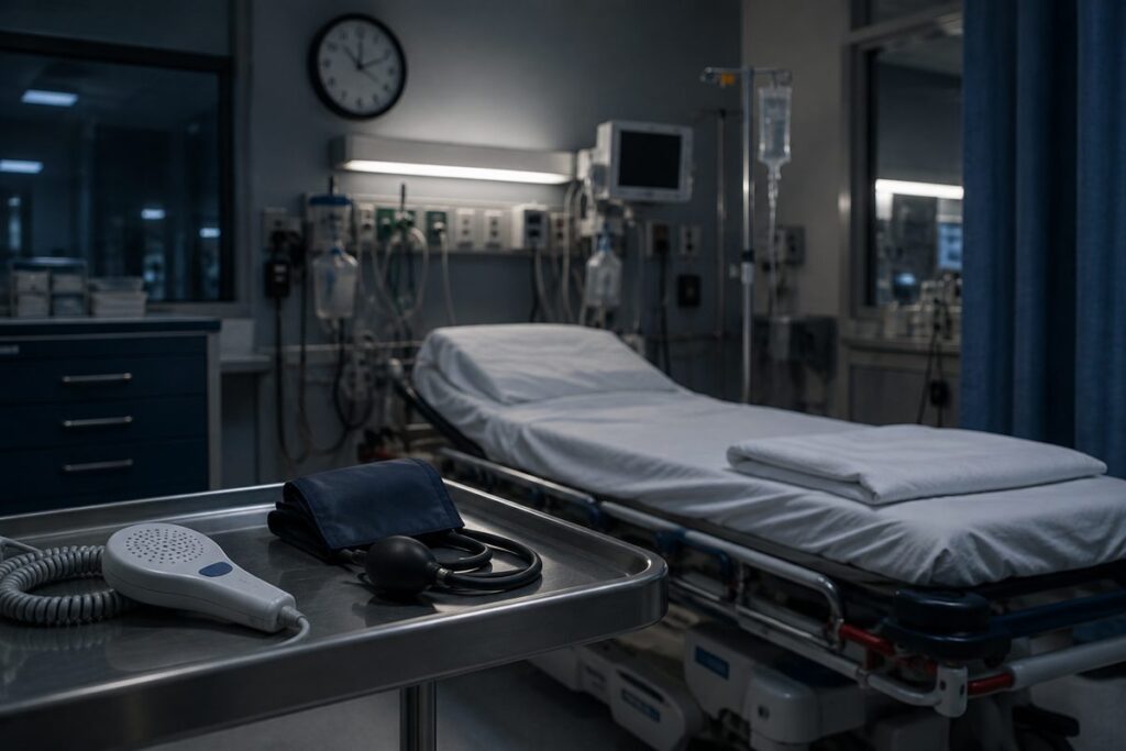 Empty emergency department treatment bay at night with a vascular Doppler probe and blood pressure cuff on a tray
