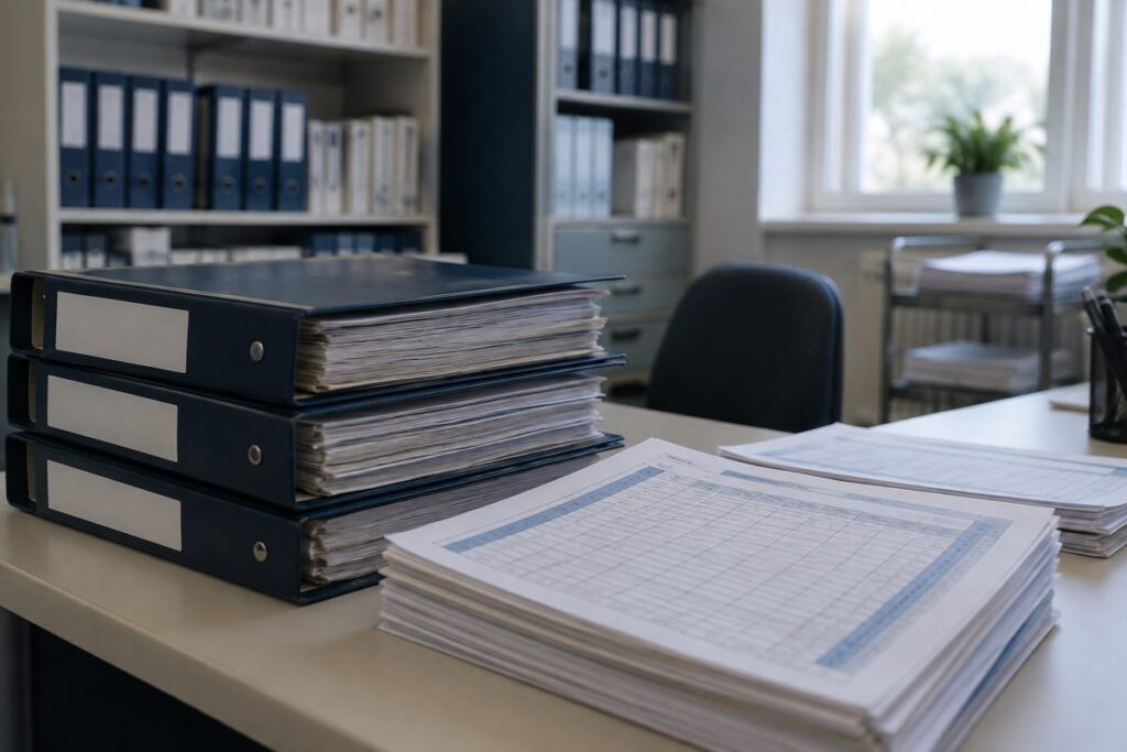 Stacked medical chart binders and nursing flow sheets in a long-term care records office