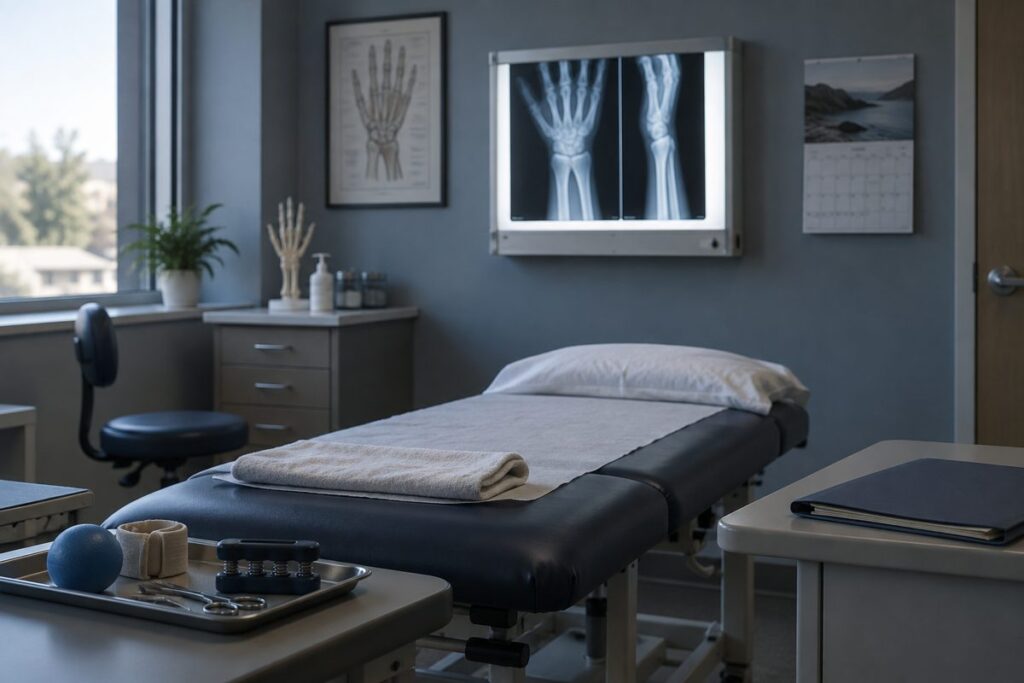 Empty orthopedic follow up exam room with hand therapy equipment and a wrist x-ray on a light box