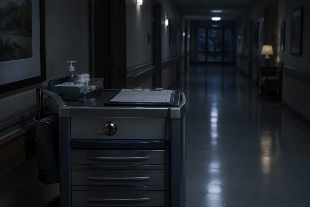 Locked medication cart with a narcotics count sheet in a dim nursing home corridor at night