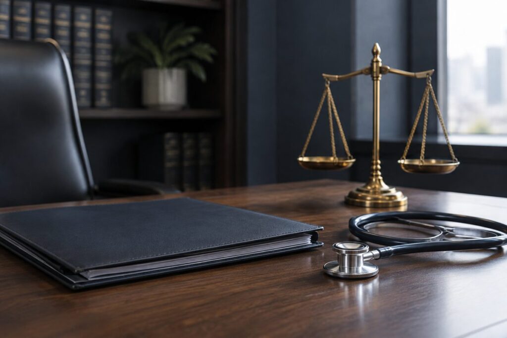 Case file, stethoscope and balance scale on a medical-legal office desk