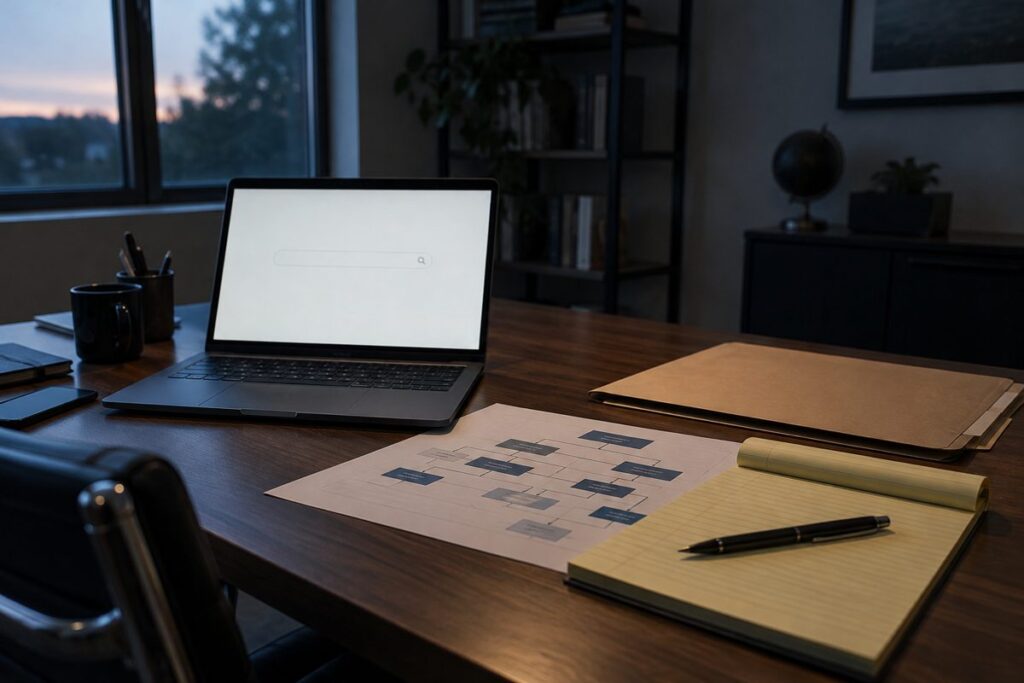 Home office desk with a laptop search page, a closed case file and a company ownership chart