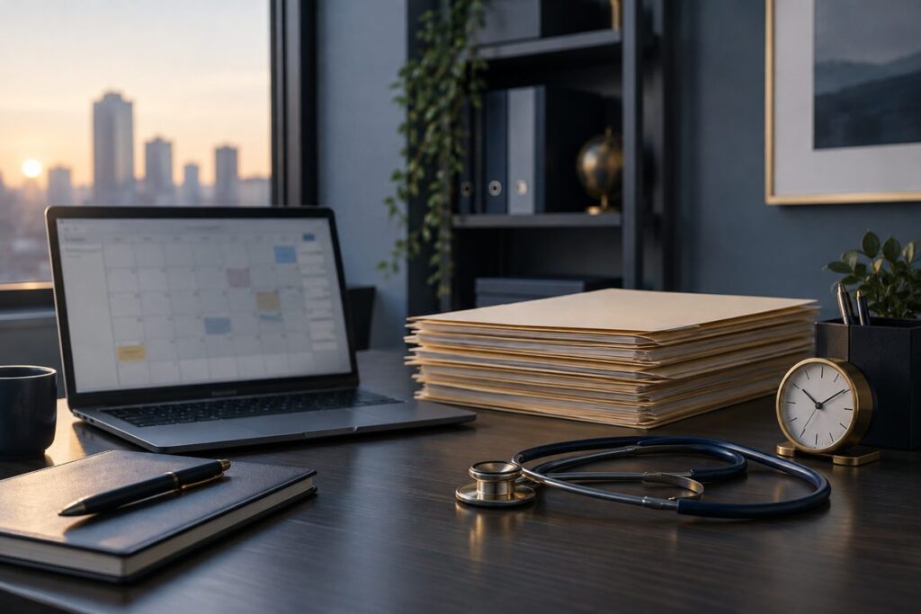 Laptop calendar, case folders, stethoscope and desk clock on an expert's desk