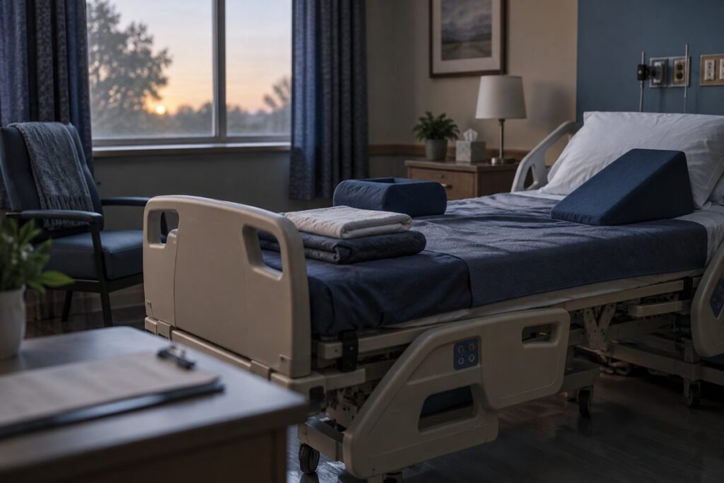 Empty skilled nursing facility room with a pressure-redistribution bed and positioning wedges at dawn