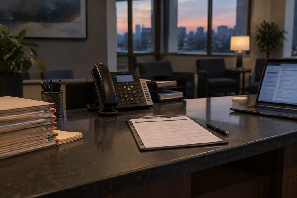 Law firm reception desk with a new client intake form, desk phone and case folders