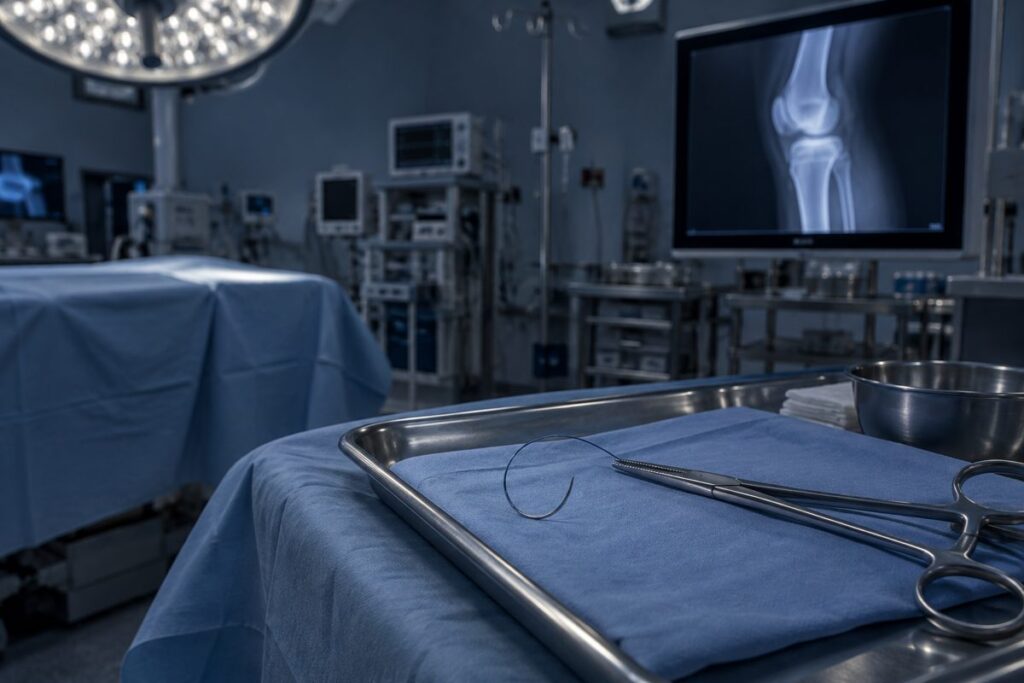 Empty operating room with a curved suture needle and needle holder on a sterile tray and a knee x-ray on a monitor in the background