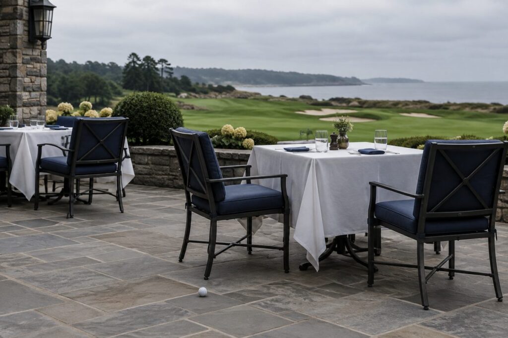 Empty resort restaurant patio overlooking a golf green with a golf ball on the stone