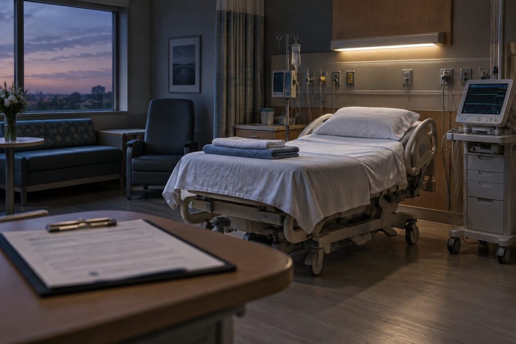 Empty hospital labor and delivery room with a signed consent form on a clipboard in the foreground