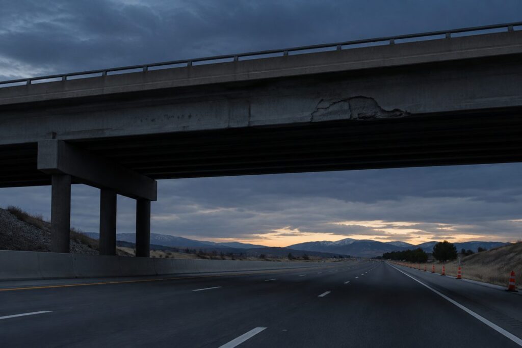 Empty interstate highway passing under a damaged concrete overpass at dusk